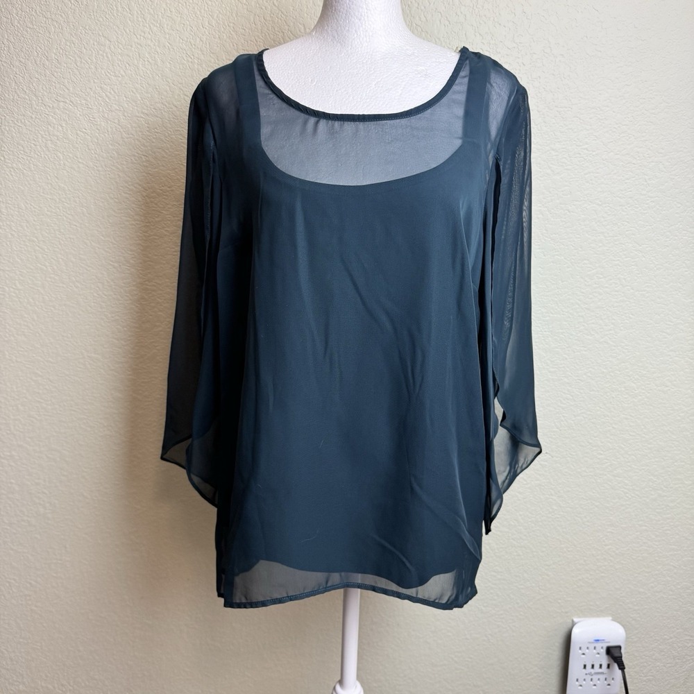 AB Studio Blouse Womens M Green Tulip Sleeve Woven Layered Cami Sheer Shirt NWT
